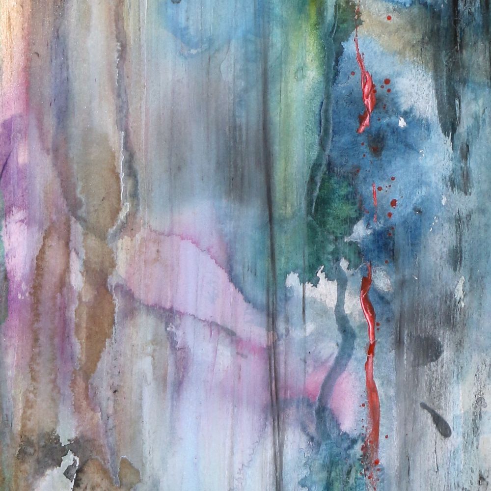 Detail of an abstract watercolor painting in blues, browns and violet with drops of carmine red and grey.