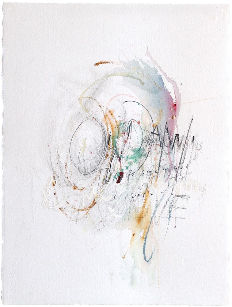Detail of abstract watercolor painting on a white field with circular pink, grey and ochre splashes and obscured scrawled text including the visible words Oh Damn.