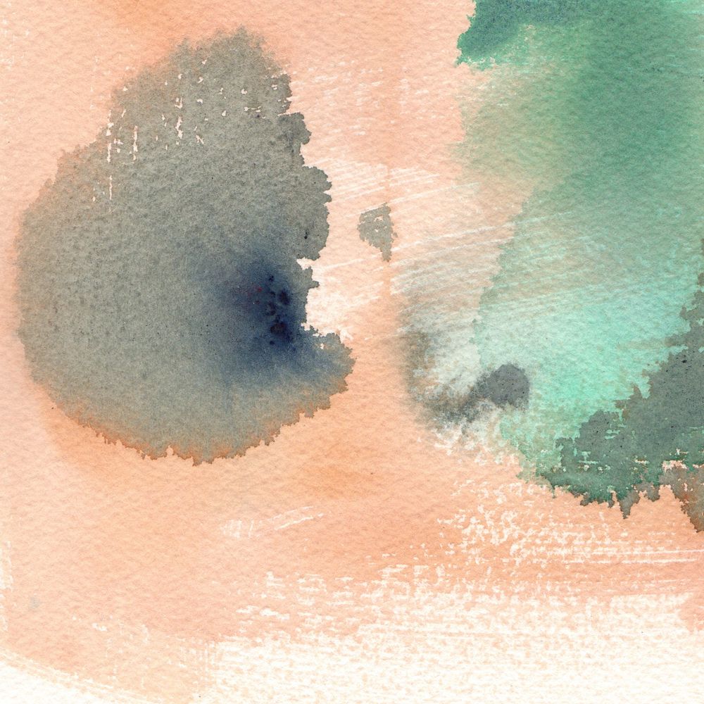 Detail of an abstract watercolor painting with tan, hooker green and red brown staining. Small dry brush graphic shapes of navy blue and pale blue float above the staining pigment.