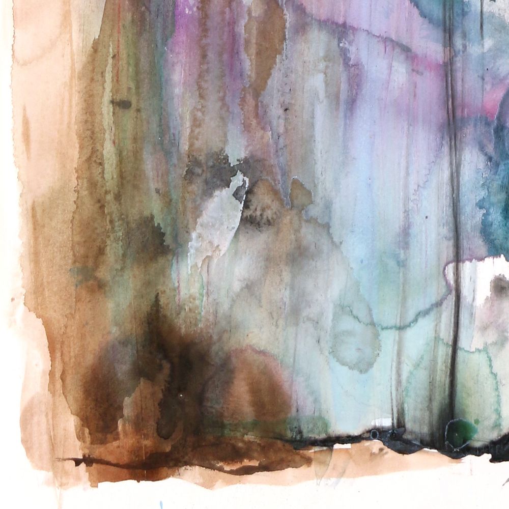 Detail of an abstract watercolor painting in blues, browns and violet with drops of carmine red and grey.