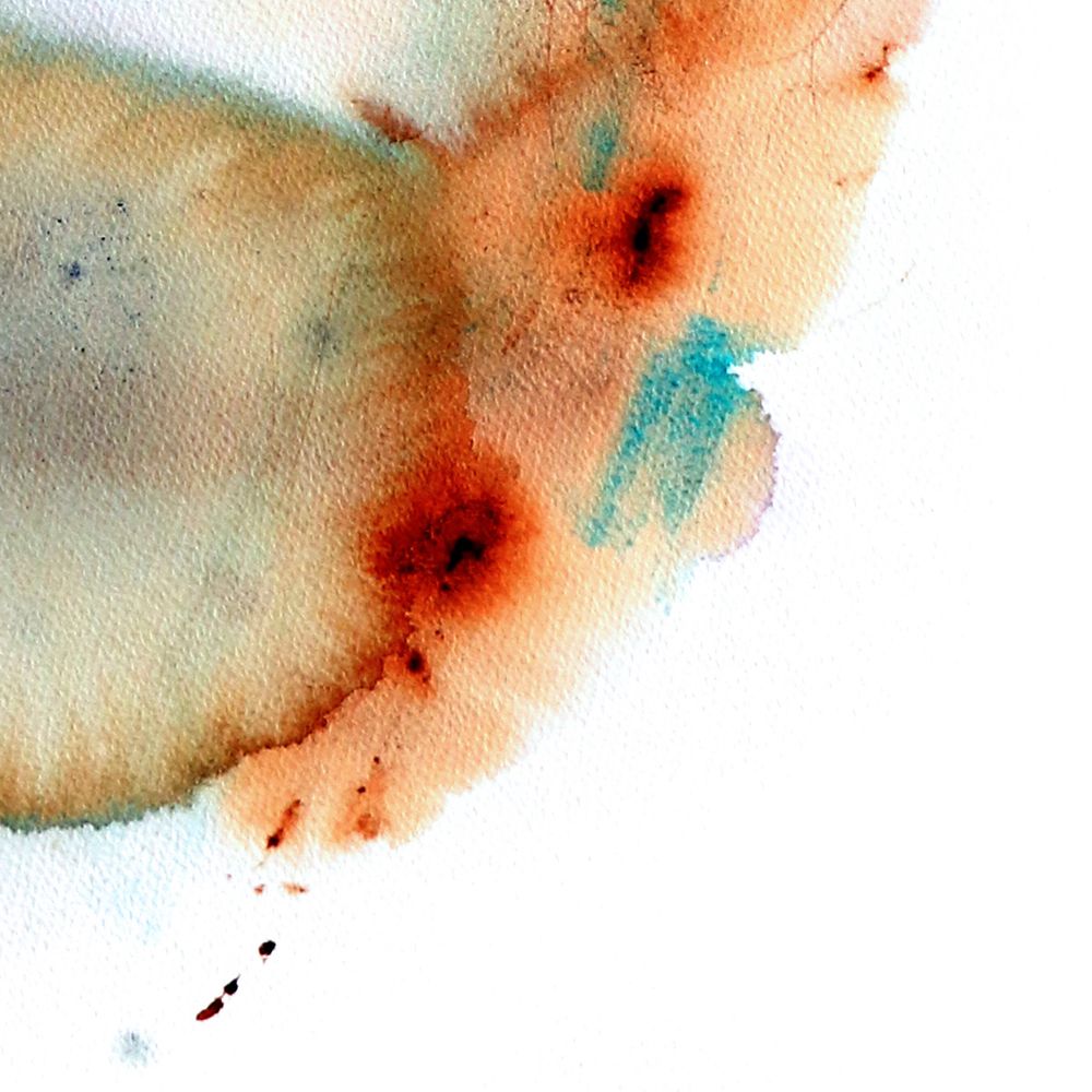 A detail of a watercolor painting using stain techniques in ultramarine blue, rust orange, carmine pink and thalo blue on a 22x30 inch sheet of Arches watercolor paper.