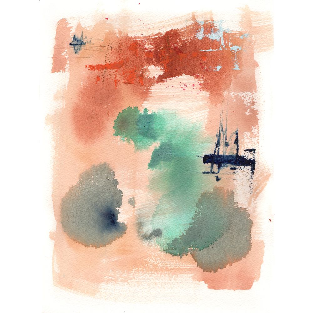 An abstract watercolor painting with tan, hooker green and red brown staining. Small dry brush graphic shapes of navy blue and pale blue float above the staining pigment.