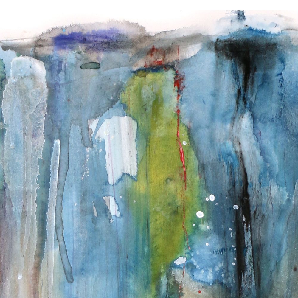 Detail of an abstract watercolor painting in blues, browns and violet with drops of carmine red and grey.