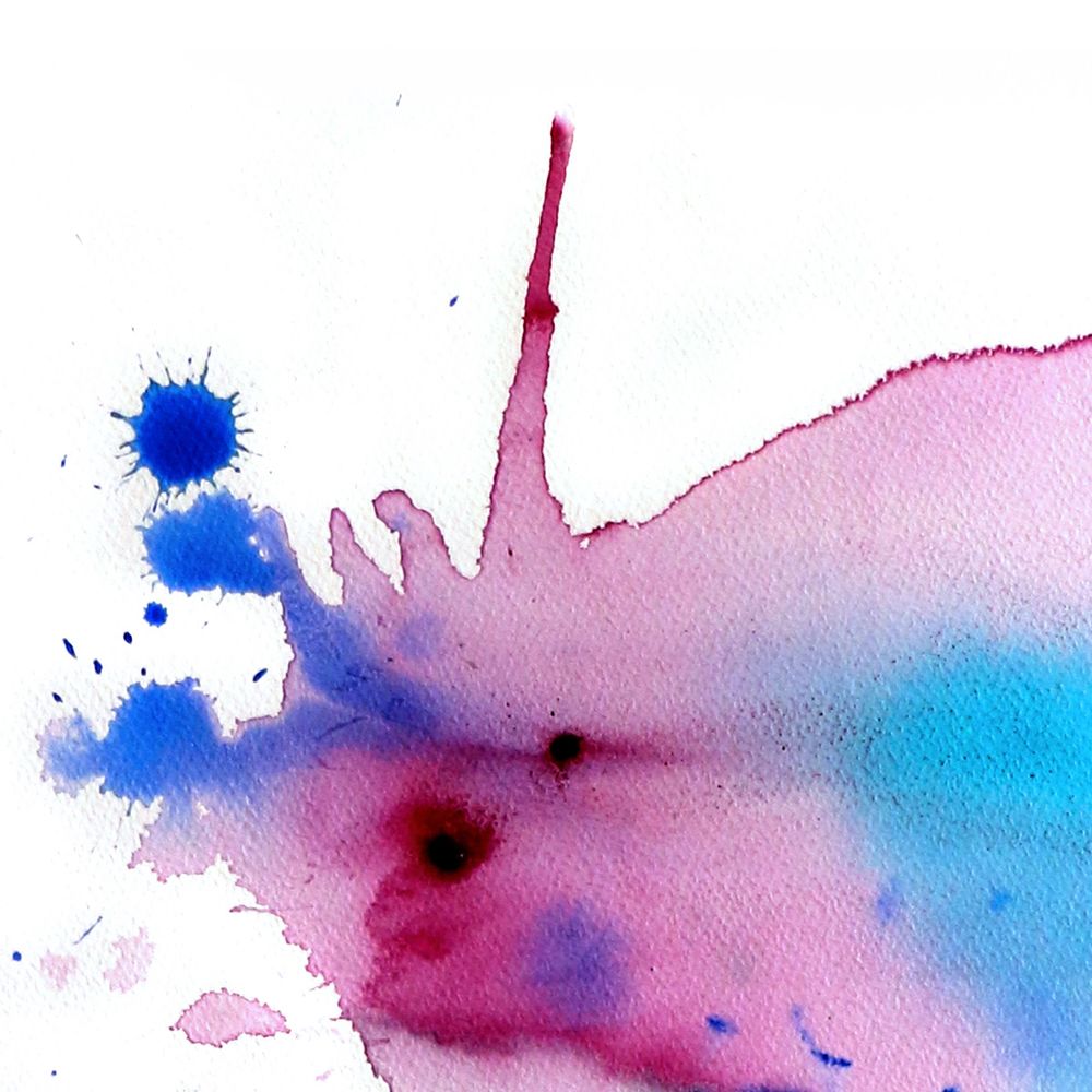 A detail of a watercolor painting using stain techniques in ultramarine blue, rust orange, carmine pink and thalo blue on a 22x30 inch sheet of Arches watercolor paper.