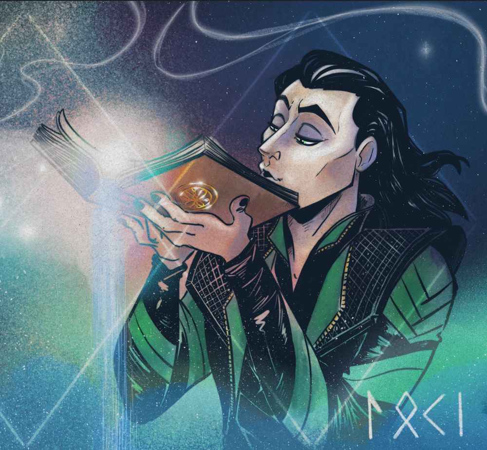 Loki blowing a gentle breath upon the pages of an ancient spellbook, sparking the enchanment within to manifest and pour from the pages