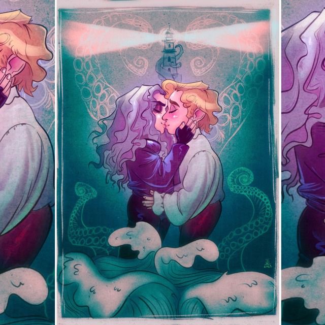 Two characters about to kiss. Behind them is a lighthouse and before them are waves. They are framed by the tentacles of a kraken 