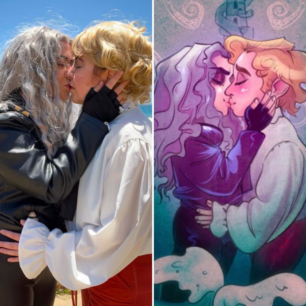 A photo and the art based on it of two lovely people about to kiss