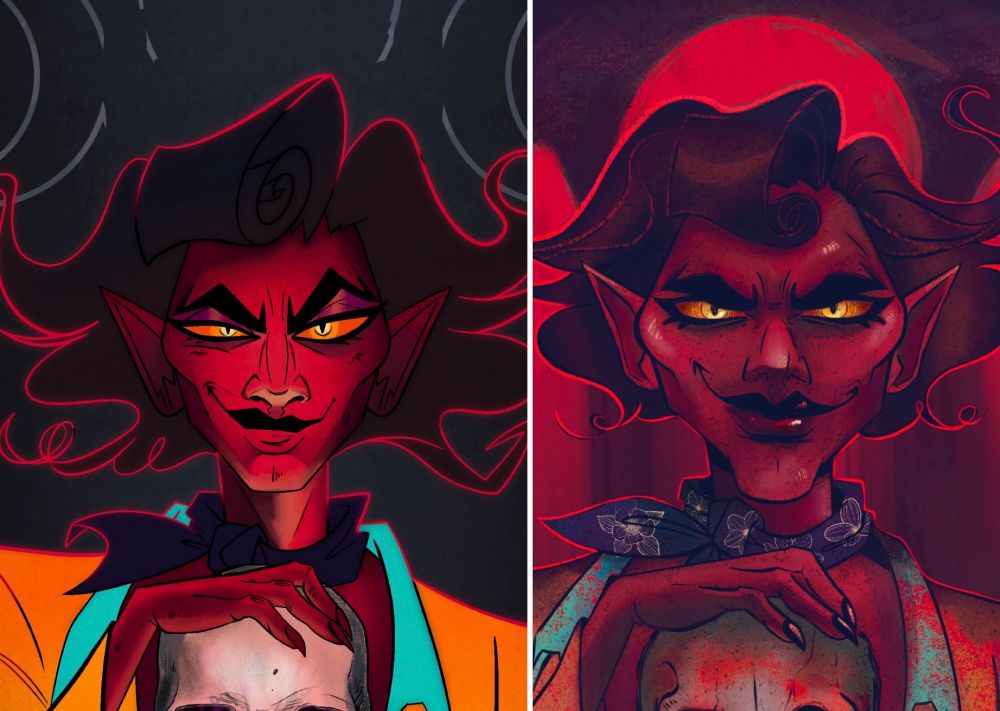 Work in Progress - A redraw featuring headshots of Murmur from Discordant, in both drawings he is holding a skull and looking at the viewer