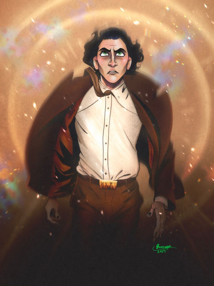Loki strides towards the viewer with fierce determination, his hair billowing behind him