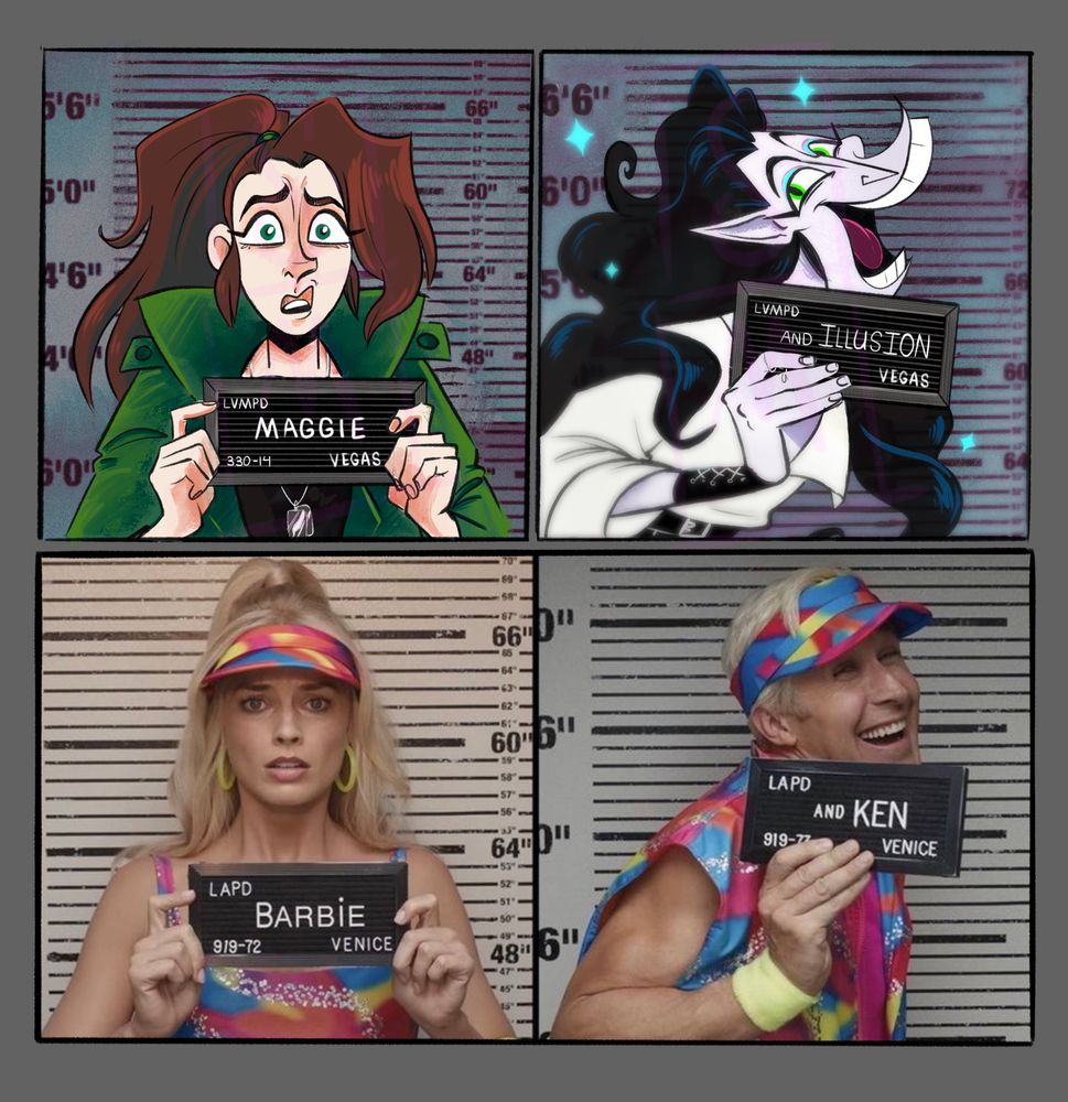 Barbie & Ken mugshot Meme with Discordant comic characters - Top art are the mugshots of Maggie and Illusion. Maggie is terrified and illusion is having the best time. The bottom two photos are the mugshots of Barbie and Ken