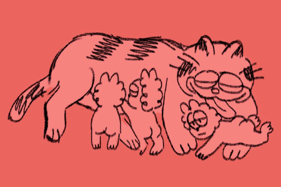 there are 3 baby john-kitten furries, 2 are nursing on their mother, Garfield, while she cleans the third john-kitten. there is a serene presence here.