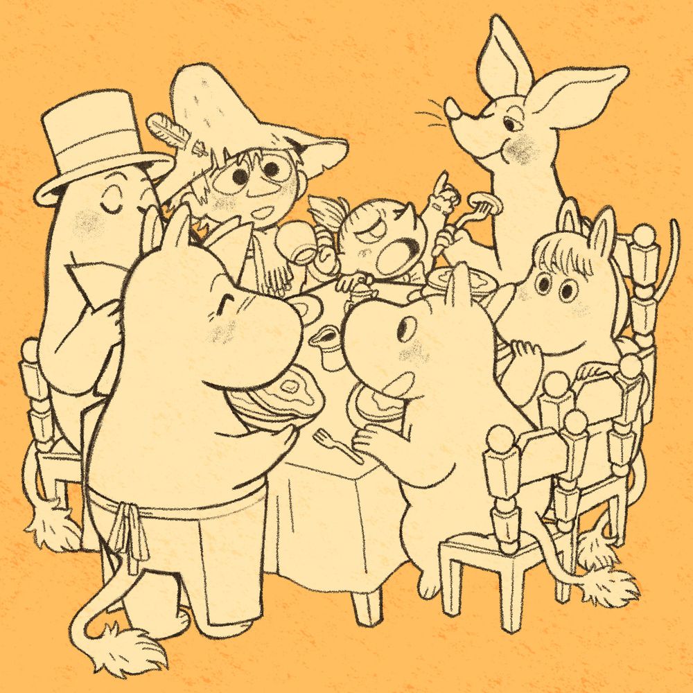 old sketch of the moomin cast sitting around the kitchen table enjoying pancakes