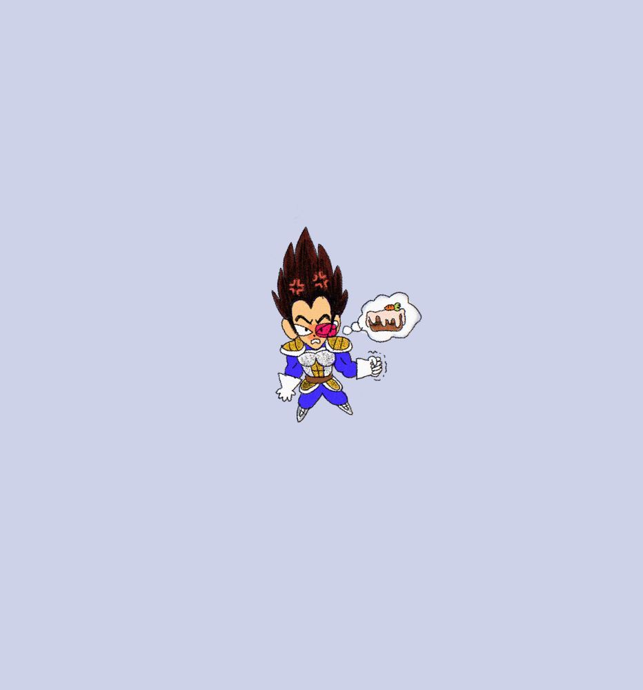 the tiniest vegeta, angry and shaking his fist, thinking about carrot cake.