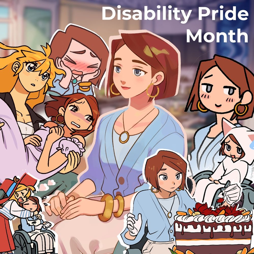 A montage of Estelle, a wheel-chair user and main character of the game The Witch's Bakery. The image features different situation when she decorates a cake, is hugged by her partner Lunne, blushes, or wears a white cat kigurumi.
