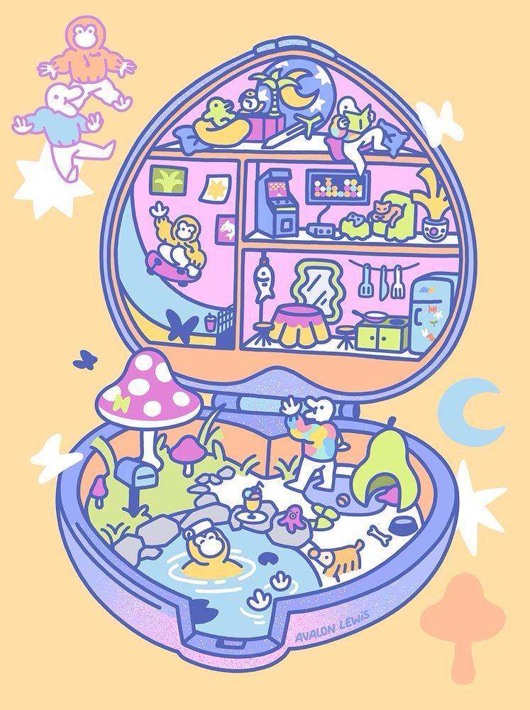 Illustration reprenant le principe des Polly Pocket mais avec mes deux personnages Rob et Ricky.
L’intérieur de la boîte est remplie d’éléments correspondants à leur univers : un onsen, un skatepark, des peluches, un petit chien, un jardin de champignons…
Les tons sont pastels (violets/pastels/roses..) et sur un fond jaune clair. 