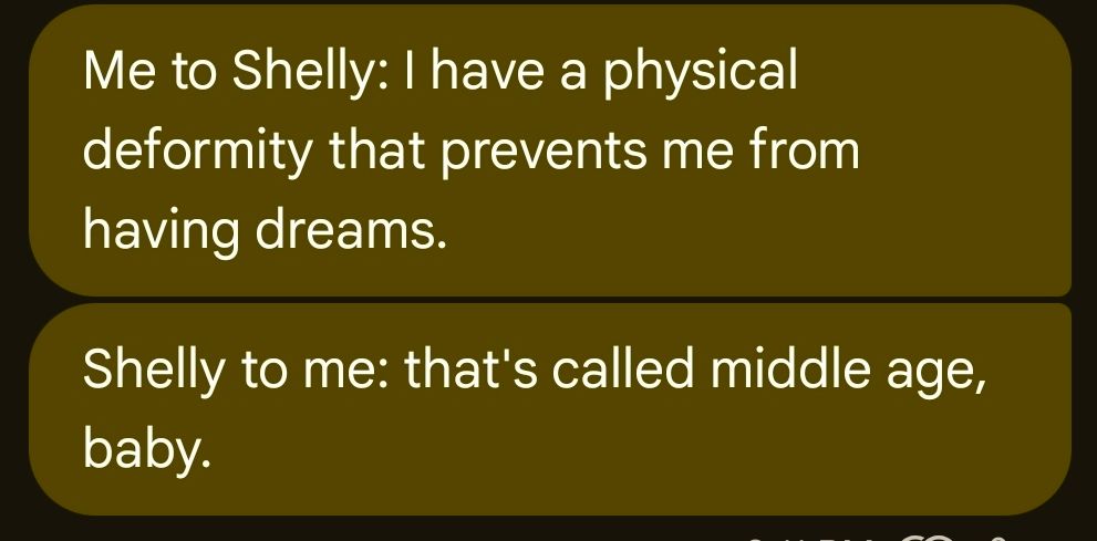 Any image of a text. 
Me to Shelly: I have a physical deformity that prevents me from having dreams.
Shelly to me: that's called middle age, baby. 