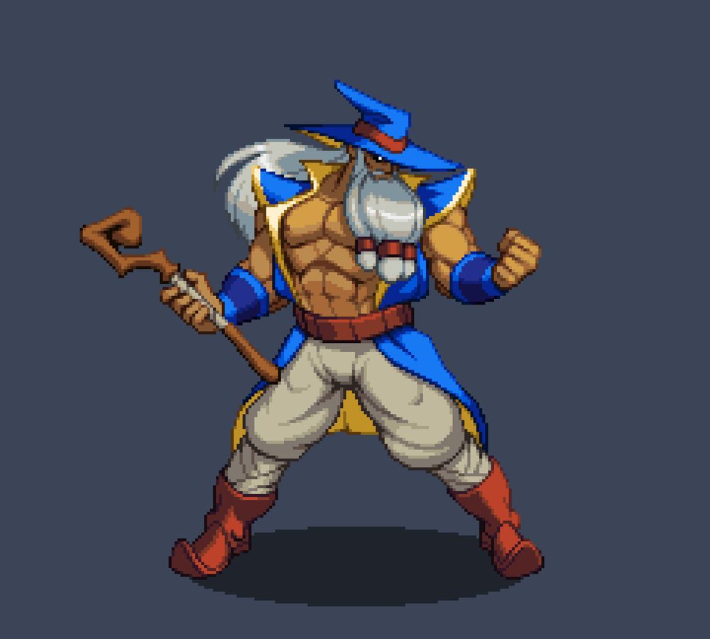 pixel art fighting game idle sprite of an incredibly tall and muscular wizard. He wears a vibrant blue and yellow jacket, dusty tan pants, leather boots, and carries what would be a normal-sized wizard staff in his hand that appears miniscule in his one hand.