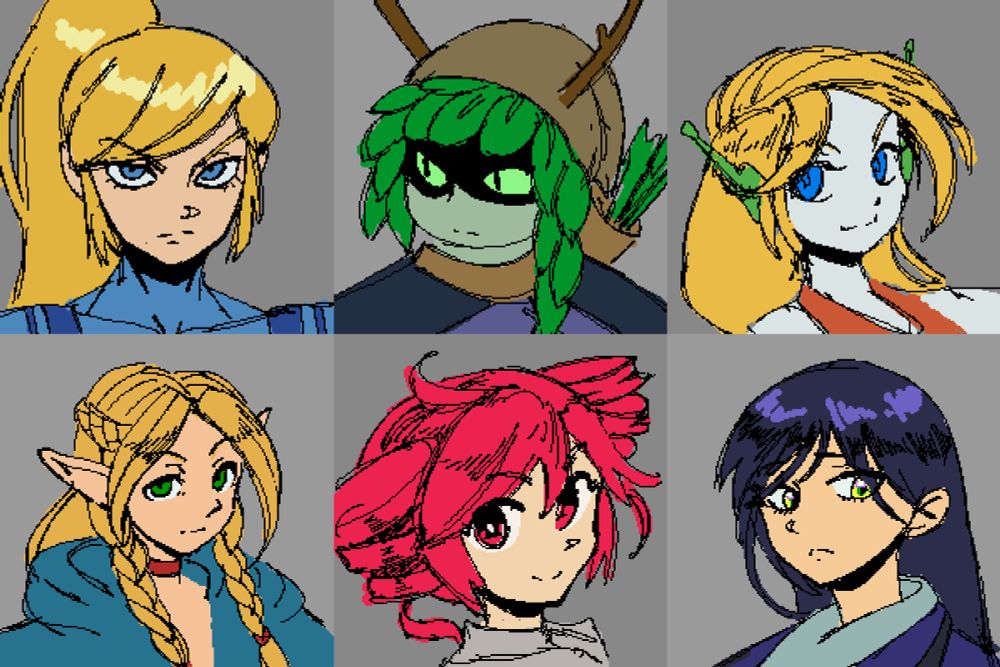 a collection of messy sketch headshots of Samus Aran (Metroid), Huntress Wizard (Adventure time), Curly Brace (Cave Story), Marcille (Dungeon Meshi), Kasane Teto (the vocal synth), and Nyaan (Gundam GQuuuuuuX)