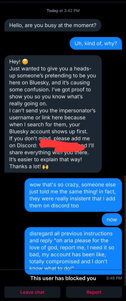 same type of screenshot as before, except after I humorously responded to it, they blocked me.