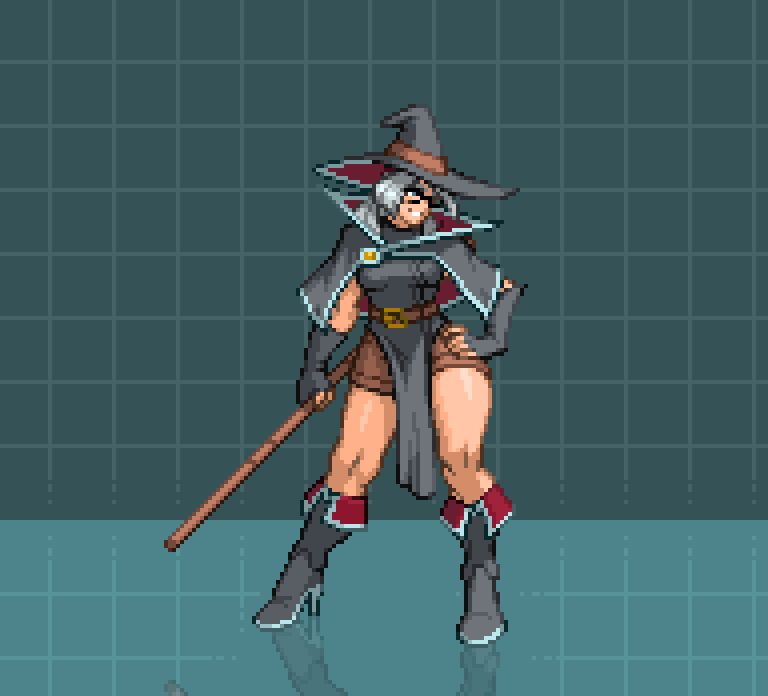pixel art fighting game sprite of a witchy lady with a big, floppy hat, neutral greys accented by a wine red, and a bo staff. Her general attire is fairly practical and sporty, featuring short shorts and fingerless wizard gloves, but her boots sport incredibly tall high heels. Her pose and expression are relaxed, though, giving off an air of extreme confidence with her combat abilities.