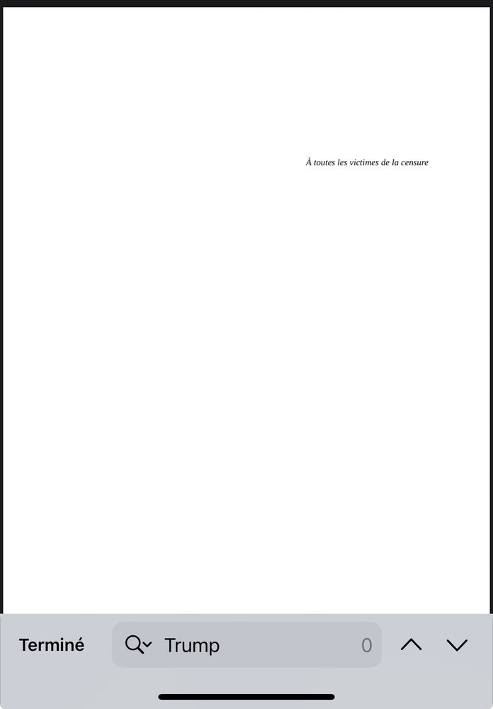 Dédicace du livre : « À toutes les victimes de la censure ». En bas, les résultats de ma recherche du mot « Trump » dans l’ouvrage : 0. Aucune mention donc. 