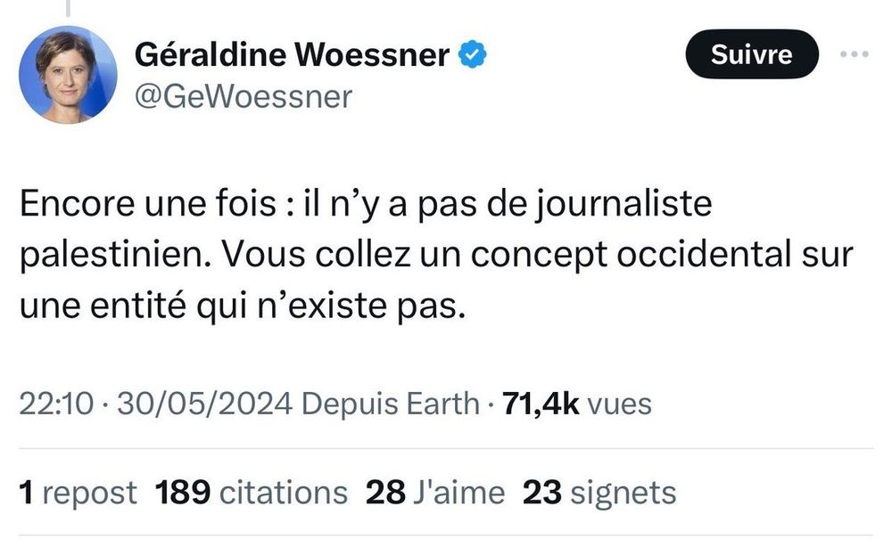 Tweet de G. Woessner

Encore une fois : il n'y a pas de journaliste palestinien. Vous collez un concept occidental sur une entité qui n'existe pas.