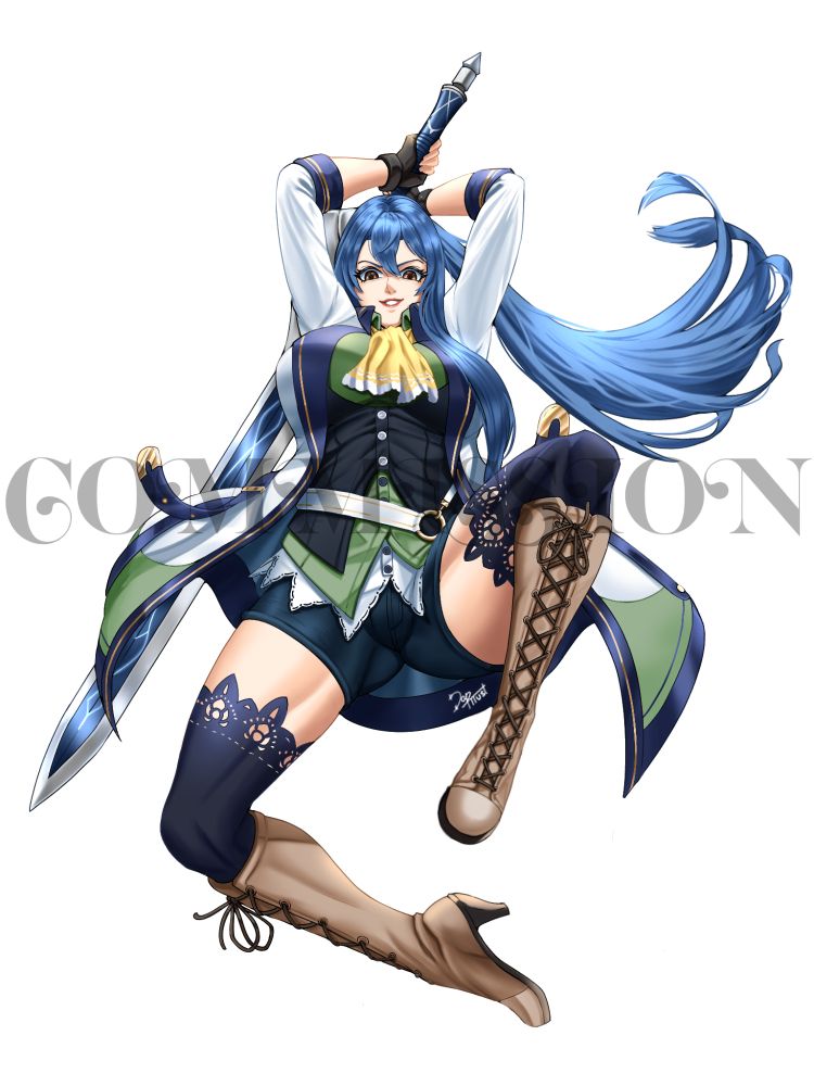 Laura S. Arseid, midair as she is executing her Lion Rush craft with her Avalon Hearts Brave Order, Radiant Wings, and Domination Quartz active. She's looking confident, powerful, pussy facing the world, about to end your existence in 2 seconds with 999,999 Damage 