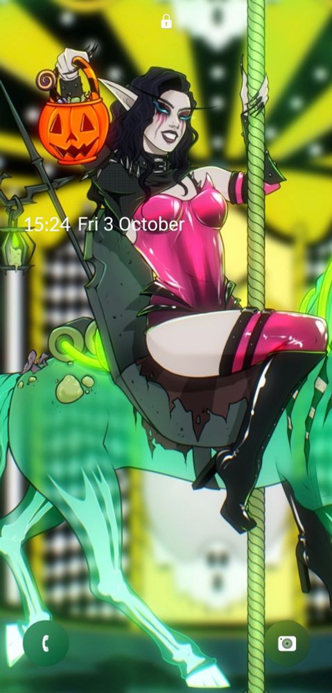 Phone lock screen woth the date 3 october and an artwork of an elf dressed like Lady Gaga in the Rain On Me music video, on a carousel horse