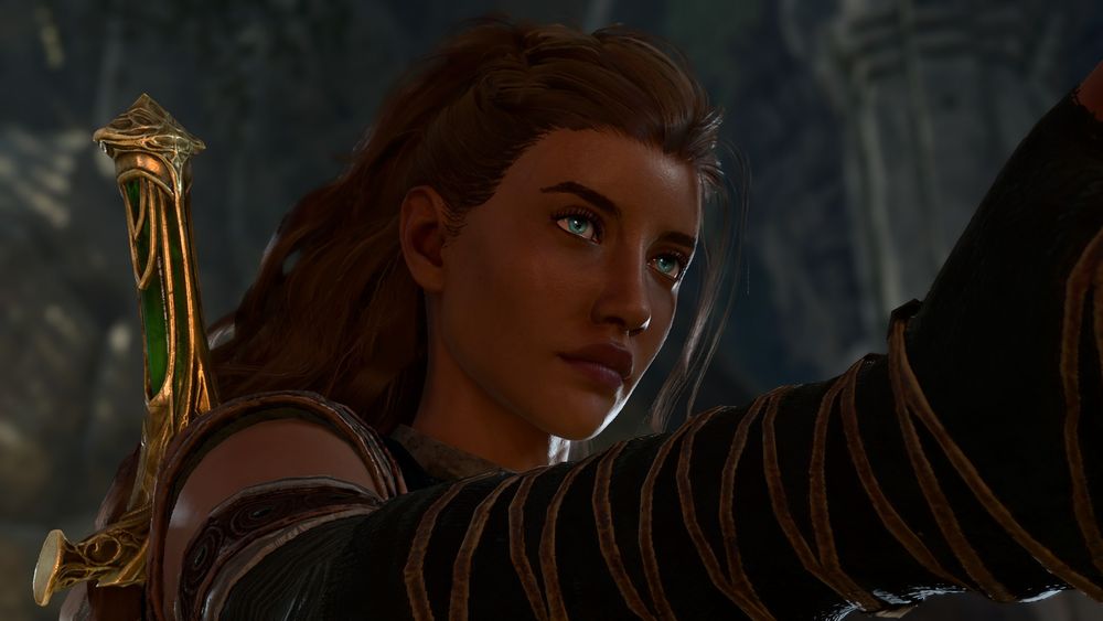 BG3 female character with dark skin, curly brown hair in a half updo, and turquoise blue eyes