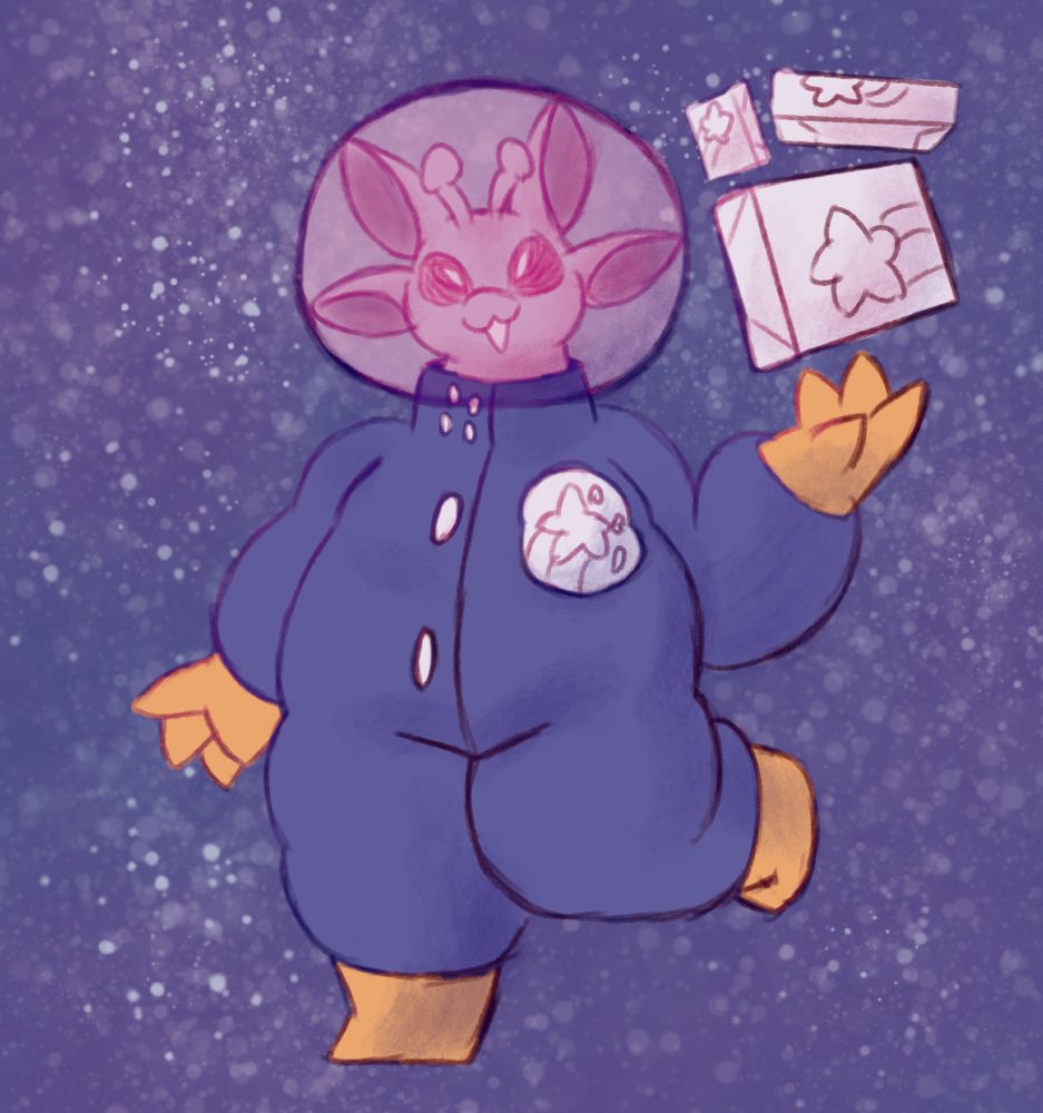 (alt text written by @spearohero.bsky.social‬)

A drawing of Cervidacorn's OC, Jupiter, against a field of small, white stars. Jupiter is a purple-furred alien with four large, pointed ears and a pair of antennae with rounded bits on the ends, similar in shape to a giraffe's horns. She is wearing a slightly-puffy, navy-blue spacesuit with yellow boots and gloves, as well as the emblem of her delivery company on its chest. She is walking with a number of white packages floating over one hand, smiling at the viewer from behind a purple-tinted fishbowl helmet.