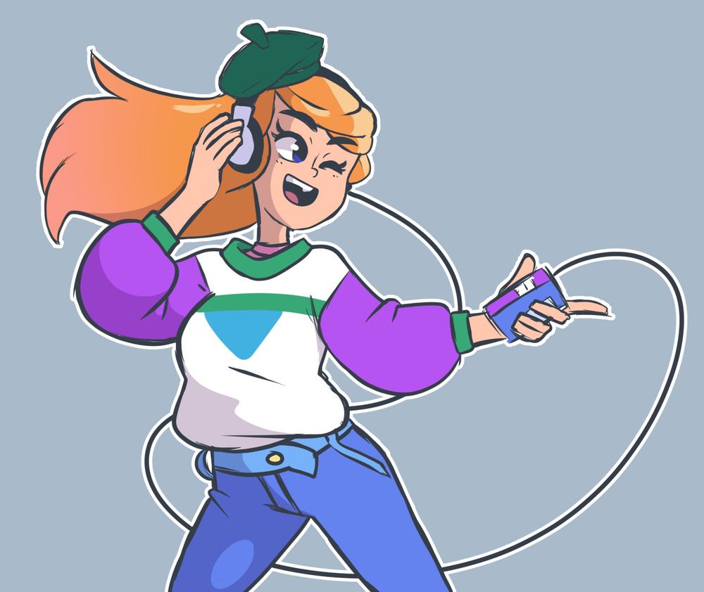 Kayleigh from Cassette Beasts striking a cool pose with her cassette player. Her hair is blowing dramatically behind her.