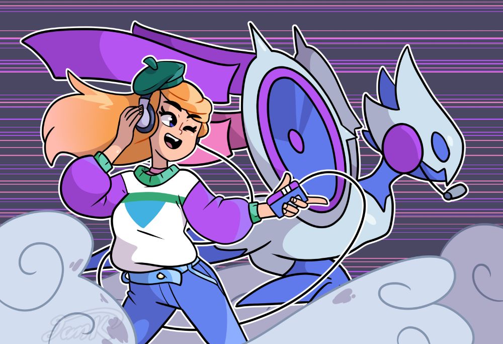Kayleigh and Decibelle from Cassette Beasts. Kayleigh is striking a dynamic pose with her cassette player while Decibelle rushes past her.