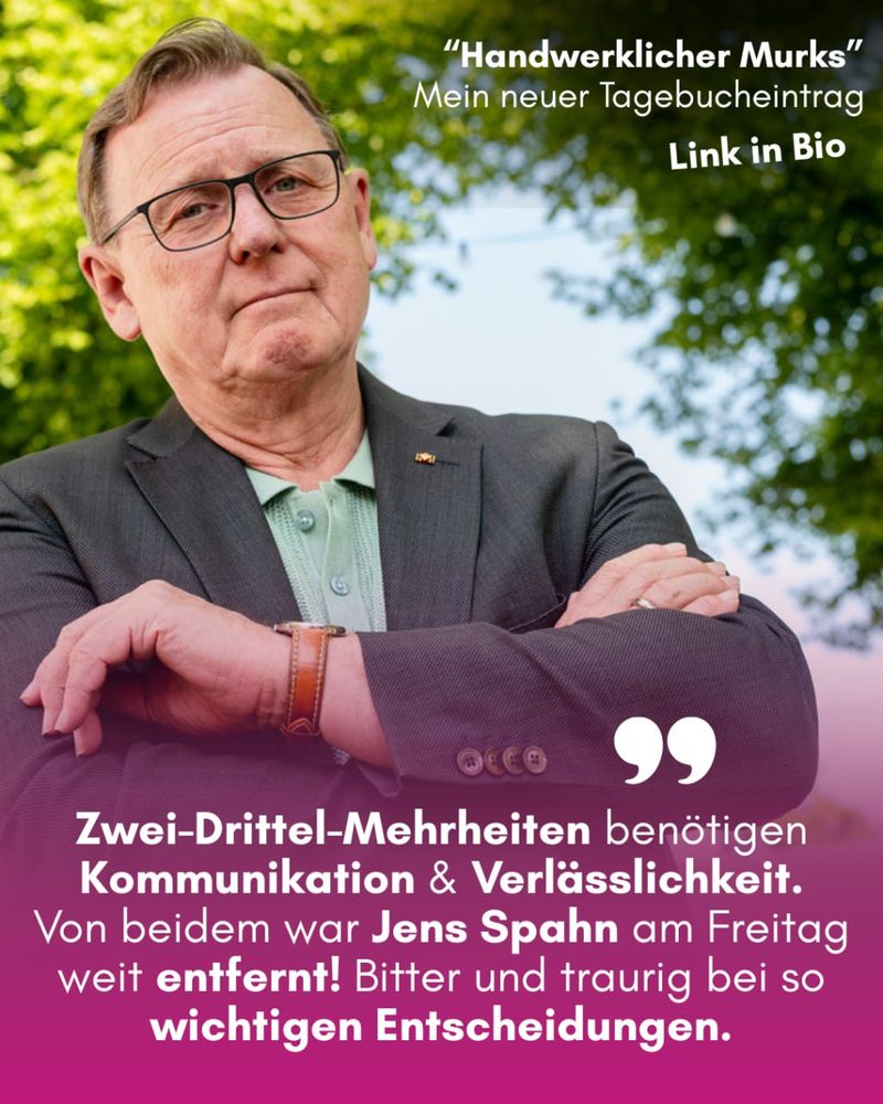 Ein Foto von mir und dieser Text zur Ankündigung meines Tagebuchtextes: 
Zwei-Drittel-Mehrheiten benötigen Kommunikation & Verlässlichkeit.
Von beidem war Jens Spahn am Freitag weit entfernt! Bitter und traurig bei so wichtigen Entscheidungen. 
Mein Tagebuch 👇

https://www.bodo-ramelow.de/2025/07/handwerklicher-murks/
