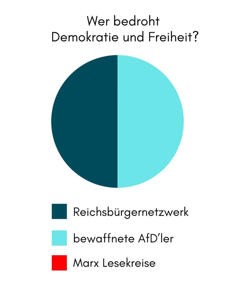 Das Bild zeigt einen Kreis ⭕️ und der teilt hälftig sich farblich in Schwarz  (steht für Reichsbürger) und Türkis (steht für bewaffnete AfD‘ler) und darunter sind allerdings drei Farben als Erläuterung angegeben. Schwarz - Türkis - Rot  und da steht Marx Lesekreise 

https://taz.de/Klage-der-Marxistischen-Abendschule/!6101920/