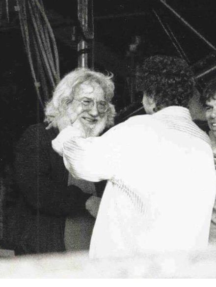 Photo of Bob Dylan hugging Jerry Garcia