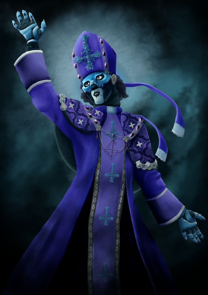 digital painting of Papa Perpetua of the band ghost. his right arm is raised toward the light source while his left arm is down at his side .he is wearing his outfit from the SATANIZED music video