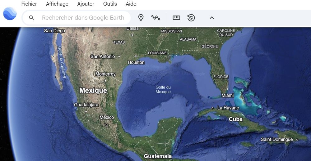 Screenshot de GoogleEarth avec le golfe du Mexique qui s'appelle encore golfe du Mexique.