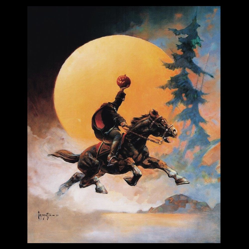 Headless Horseman I by Frank Frazetta. The headless horseman holds his pumpkin head in one hand. A large yellow-orange moon is in the background. Commissioned for a magazine ad, but was deemed not scary enough. He painted a second version with more menacing pumpkin, no moon, and horse positioned differently on the canvas.
