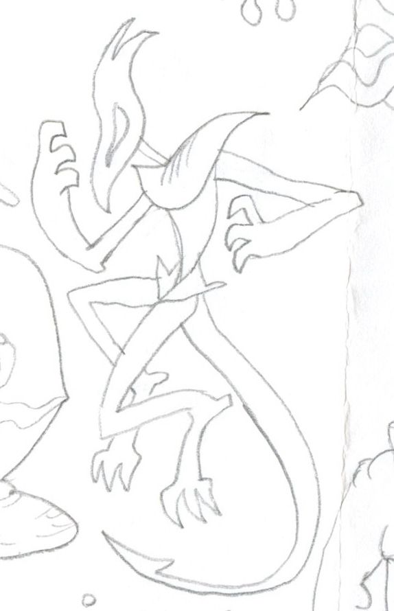 A lithe lizard-like humanoid contorts himself in space as if consumed by wrath or some such thoughts