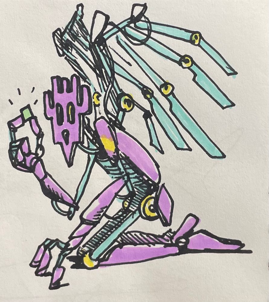 A metallic armored creature kneels on the ground, examining a gemstone with its hollow, mask-like face
