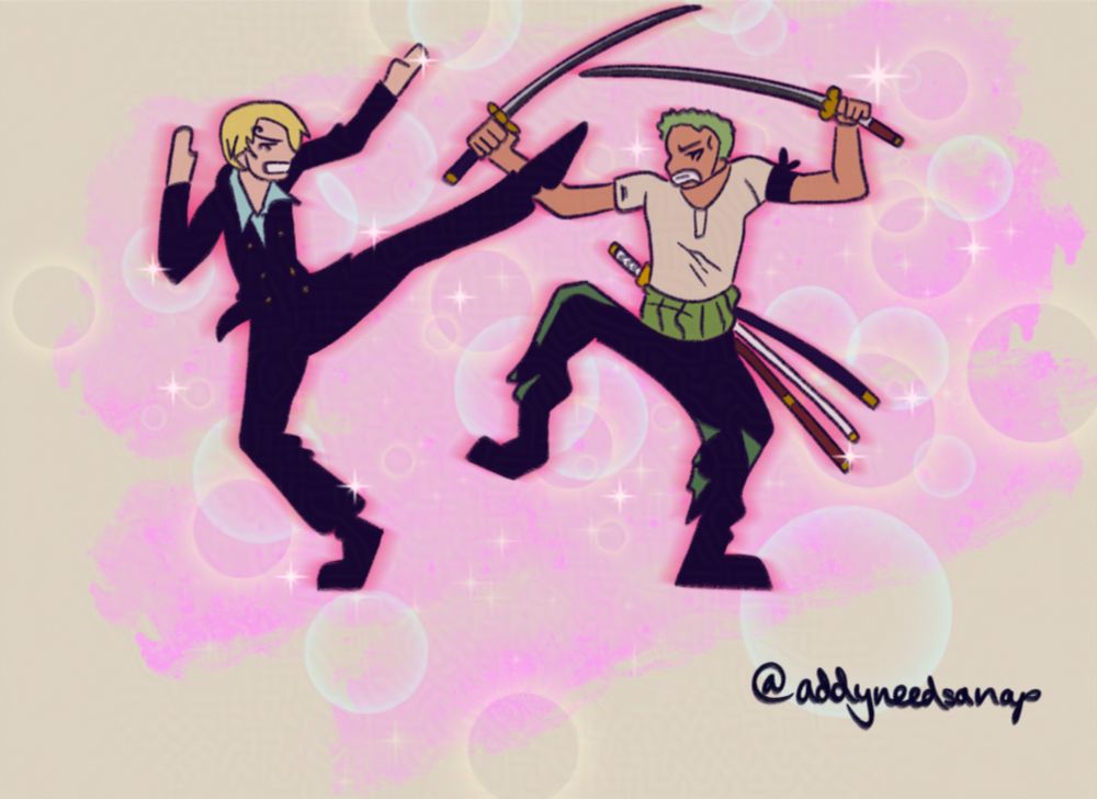 Redraw of a low res background fight between Sanji & Zoro from the G8 Naval fortress arc in the anime. With pink background / blurry outline surrounding characters, also shōjo sparkles and bubble lens flare effects added. 