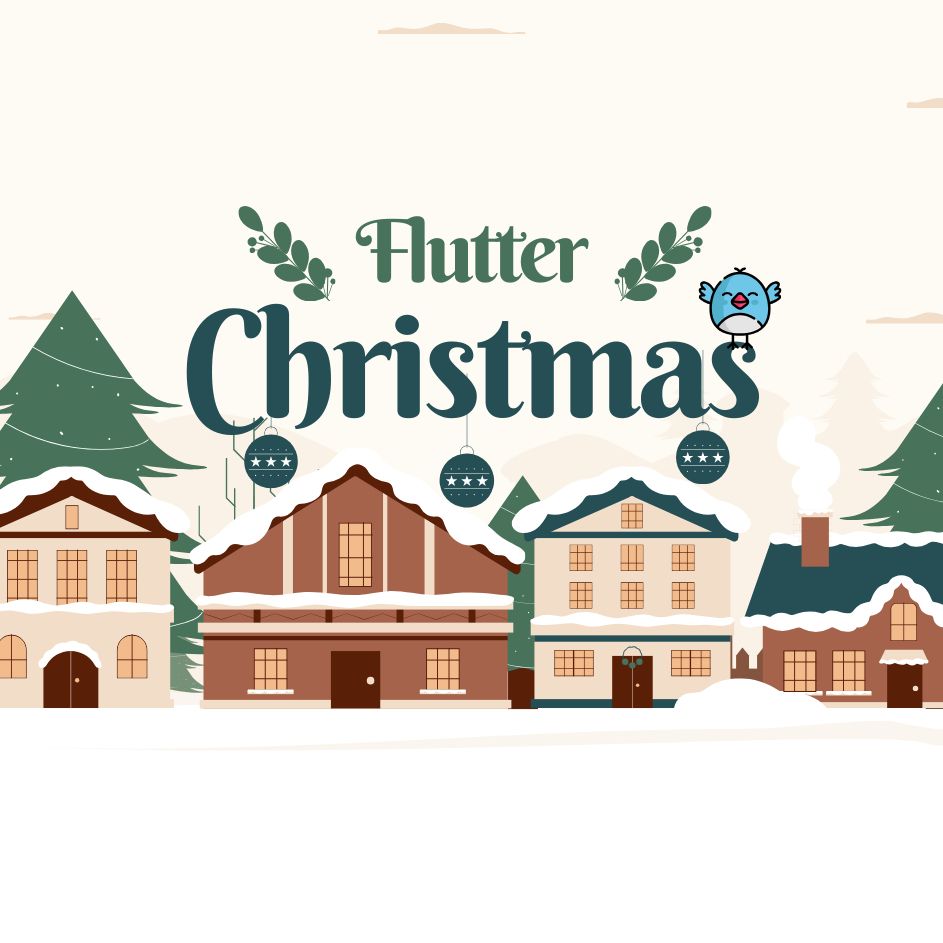 An illustration featuring a cosy winter village under a snowy sky with the text 'Flutter Christmas' prominently displayed. Dash, the Flutter mascot, rests on the Christmas text, adding a playful touch. The wintery details of snow-covered rooftops and trees enhance the festive feel.