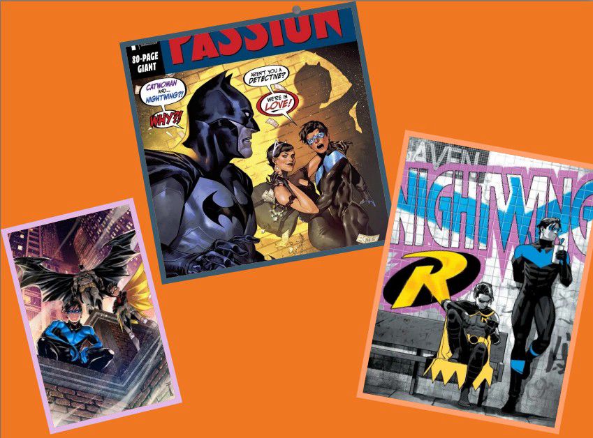 A batfam grouping: Batman, Nightwing, and Robin on the left. Batman catching Catwoman and Nightwing in a compromising position in the center, and Red Robin with Nightwing on the right. 