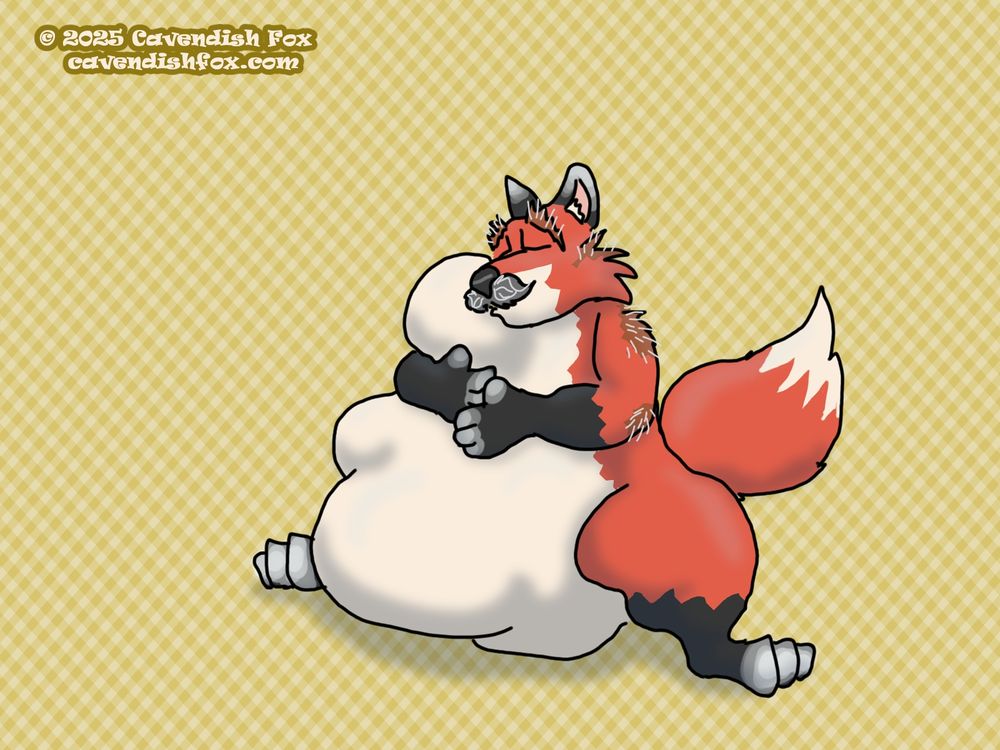 Cavendish hugging a person-shaped bulge in his belly