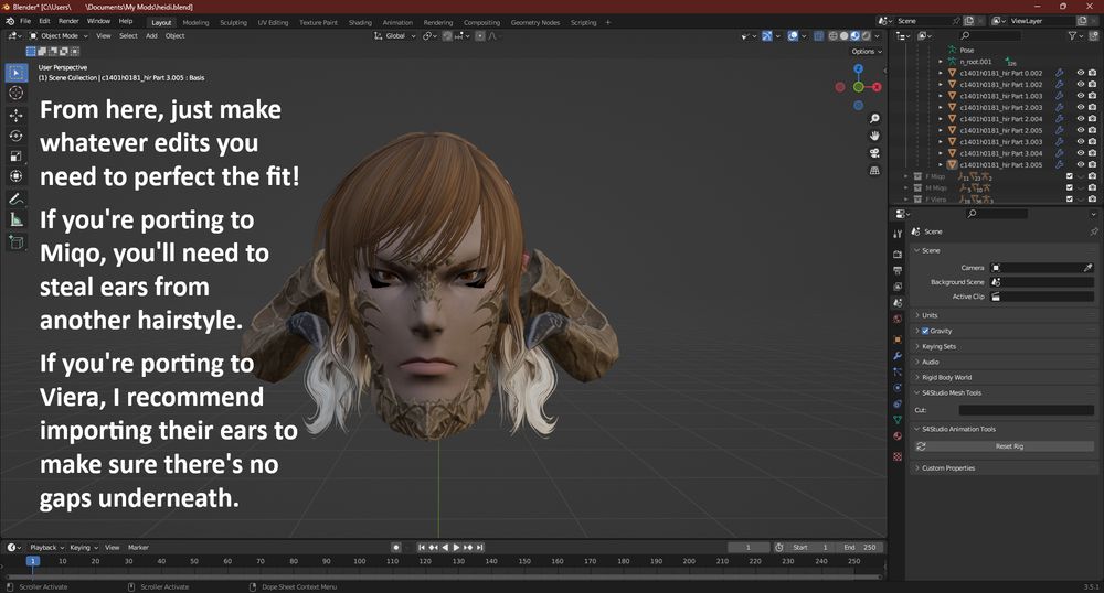 A Blender screenshot showing the exported hairstyle on a head.  Text: From here, just make whatever edits you need to perfect the fit!
If you're porting to Miqo, you'll need to steal ears from another hairstyle.
If you're porting to Viera, I recommend importing their ears to make sure there's no gaps underneath.