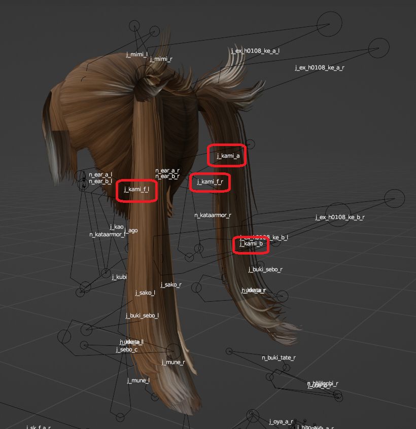 A Blender screenshot of the same vanilla hairstyle now with additional bones