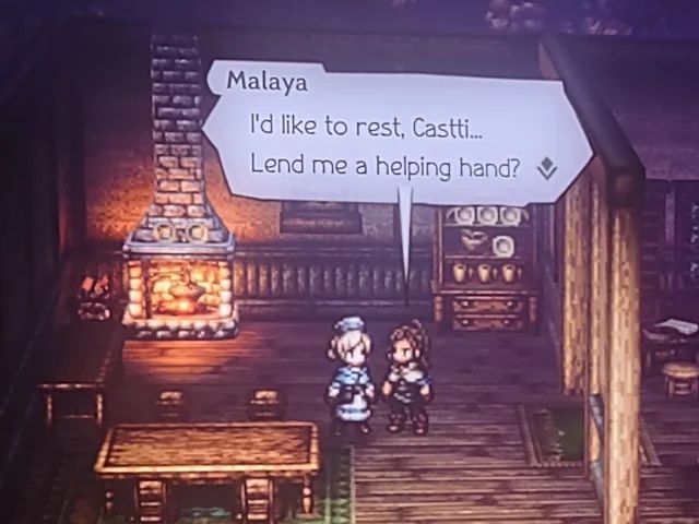 A screenshot featuring Castti and Malaya.  Malaya says "I'd like to rest, Castti... lend me a helping hand?"