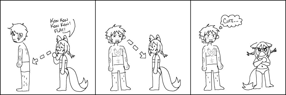 A doodle comic of Law and my OC Kitri
Panel 1: Kitri is looking at Law's butt and laughing because it's flat
Panel 2: Law looks at Kitris chest
Panel 3: Kitri covers her chest with a silly angry expression and Law thinks it's cute
