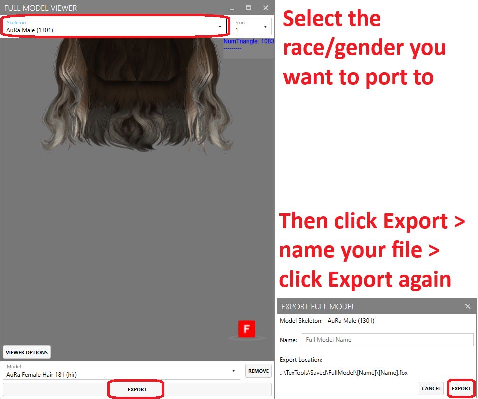 A screenshot of the FMV window.  Text: Select the race/gender you want to port to.  Then click Export > name your file > click Export again.  Relevant areas of the screenshot are circled in red.