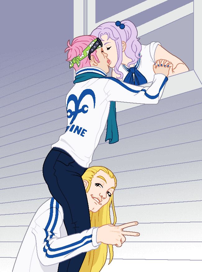 A drawing of Helmeppo boosting Koby on his shoulders so Koby can kiss my OC Holly through a window.